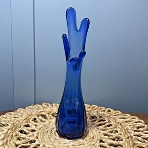 Vintage Cobalt Blue Swung Glass Vase 5 Finger Viking Style 11 Inch MCM